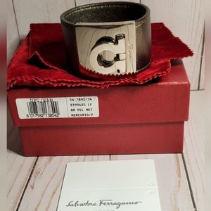 Salvatore Ferragamo Giancini Wide Leather Cuff Metallic